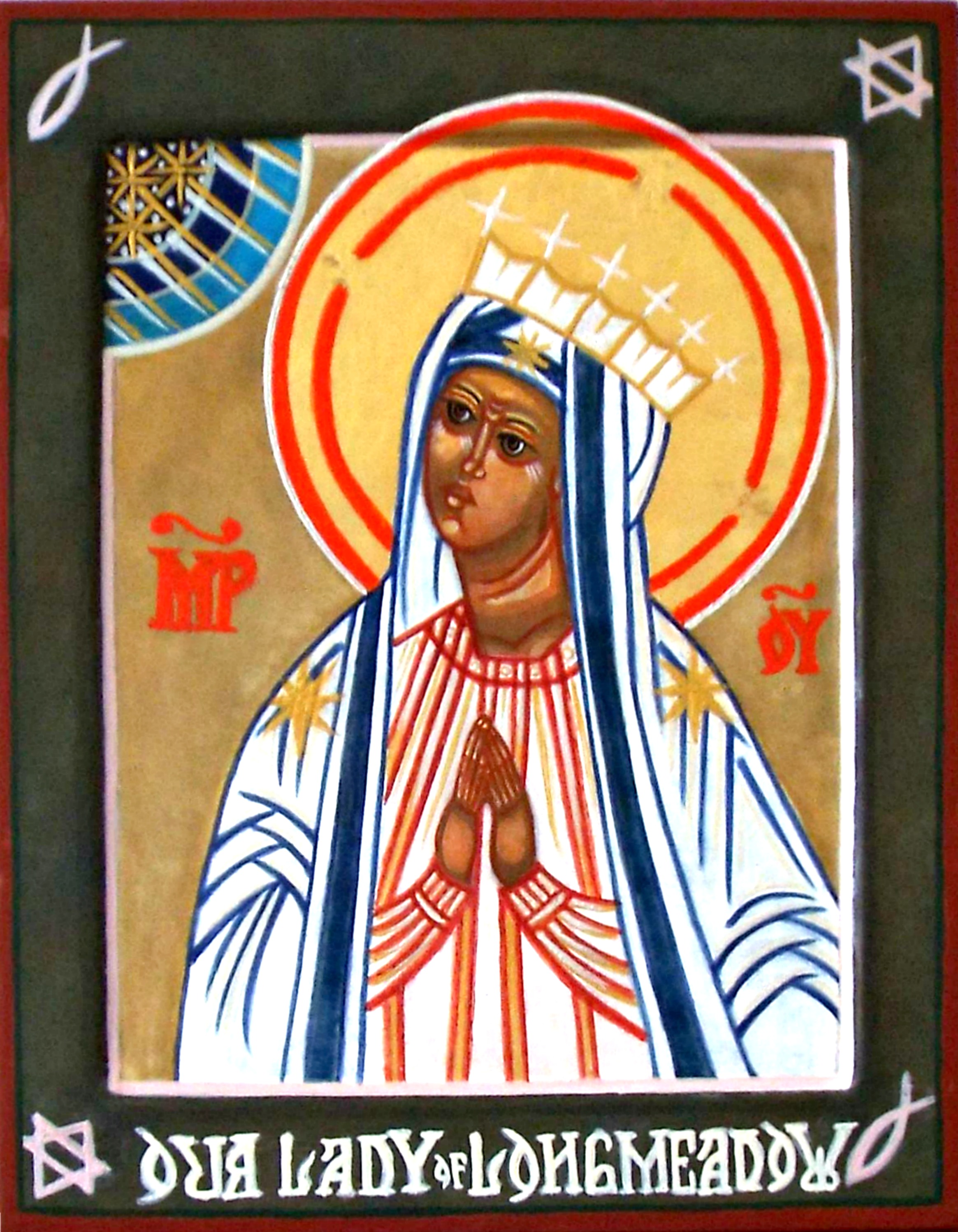 Icon of Our Lady of Longmeadow: the crowned Virgin Mary with a golden halo, a blue and white mantle, and hands joined in prayer.